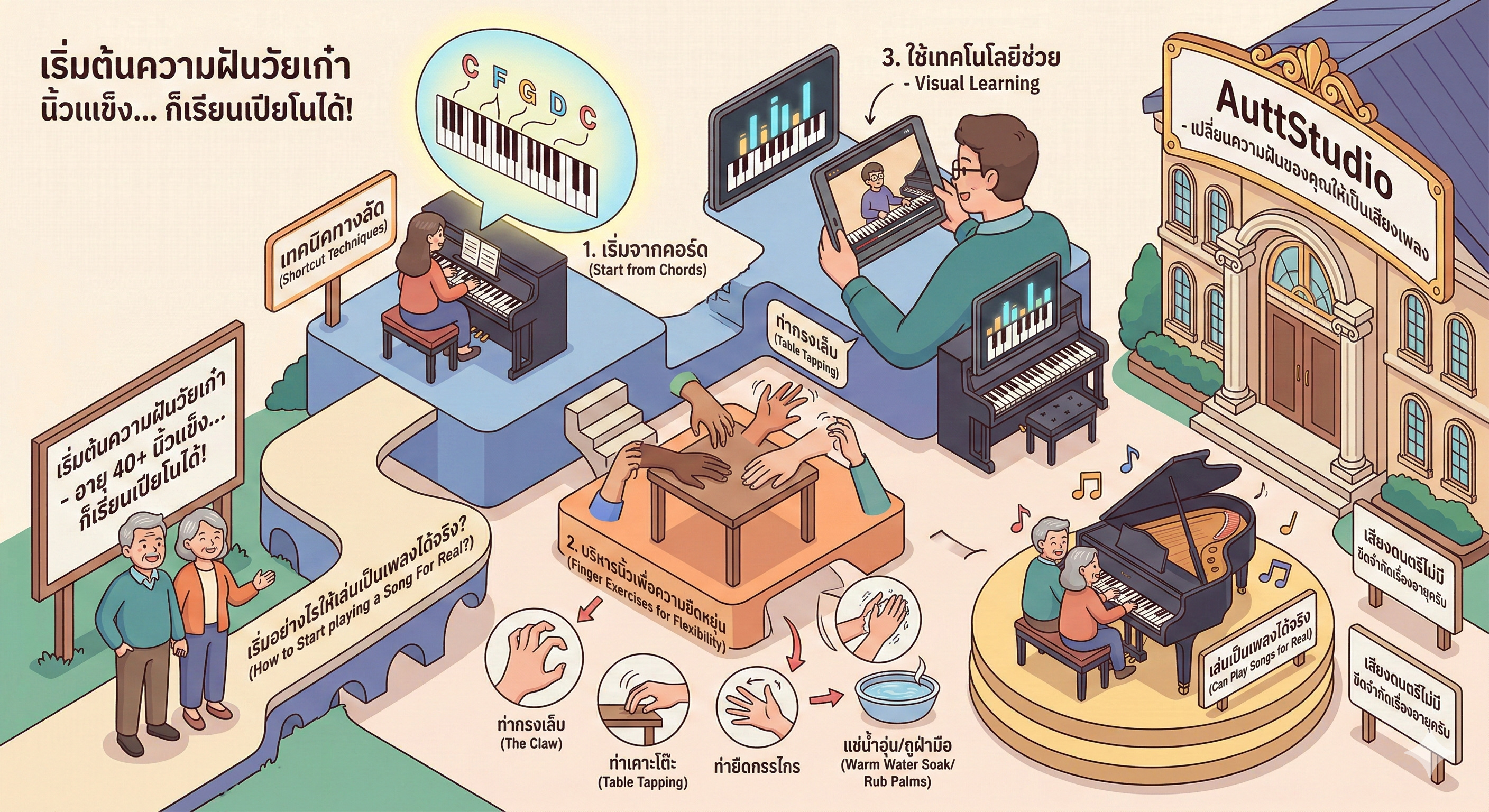 นิ้วแข็ง-อ่านโน้ตไม่เป็น แต่อยากเรียนเปียโนตอนอายุ 40+ เริ่มต้นอย่างไรให้เล่นเป็นเพลงได้จริง?