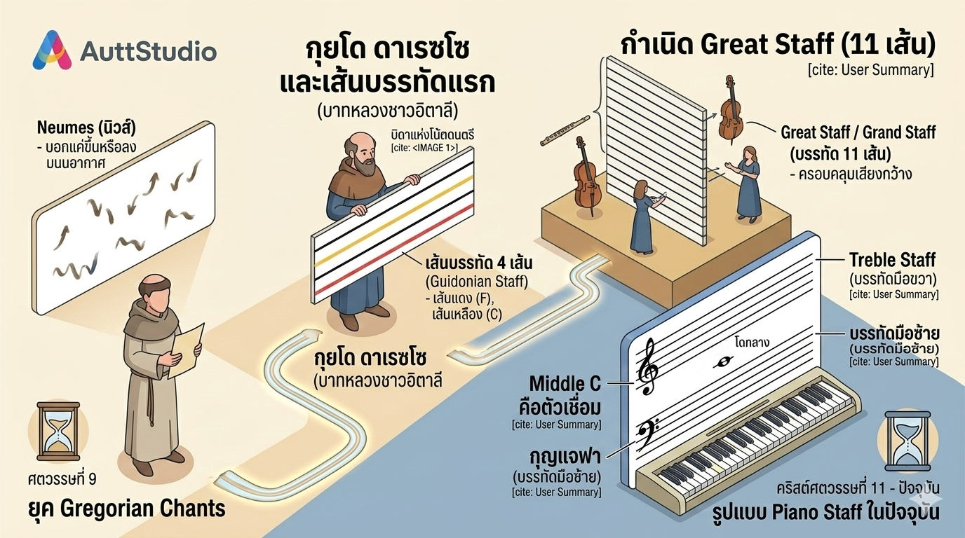 จากเสียงสวดสู่เส้นบรรทัด: ประวัติศาสตร์การบันทึกโน้ตของมนุษยชาติ